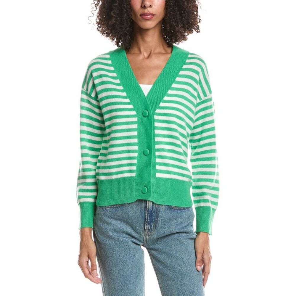 Brodie Cashmere Womens Beach Stripe 100% Cashmere Cardigan, Green
